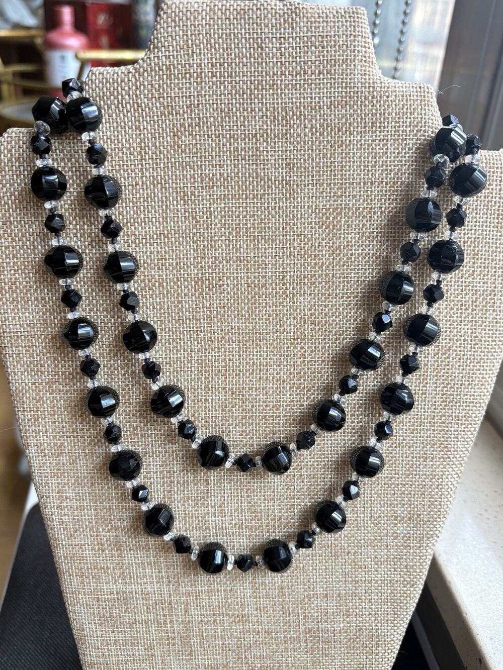 Vintage Art Deco Czech faceted Or Onyx jet Black Bead clear glass Necklace 38”